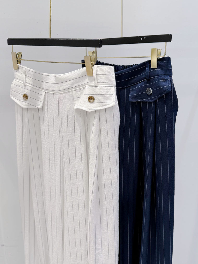 Flap Detailed Pin-Striped Wide Leg Pants (2 Colours)