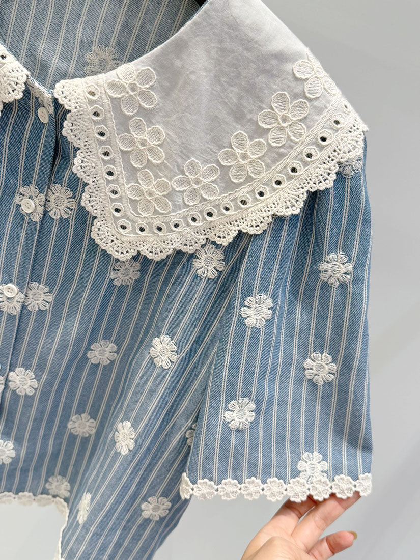 Platter Collar Floral Embroidered Striped Blouse