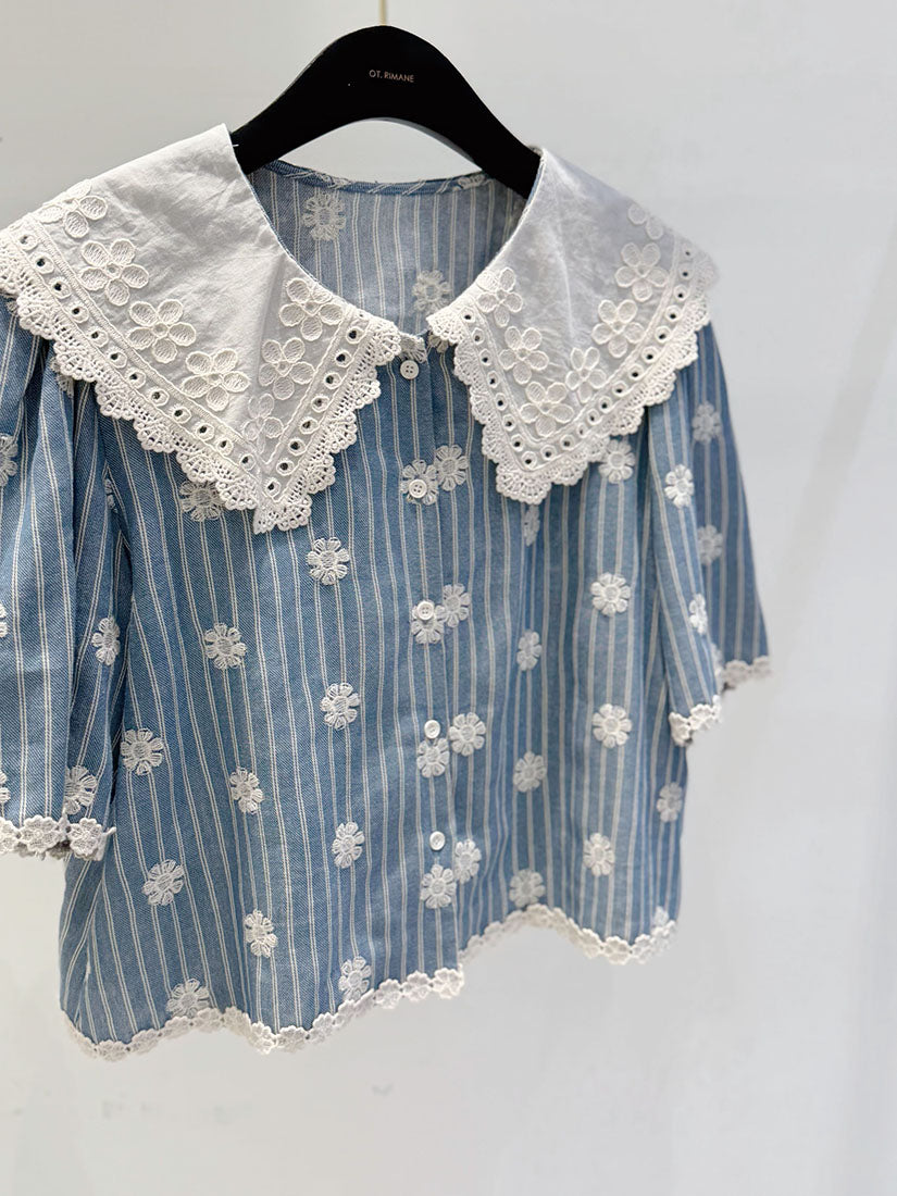 Platter Collar Floral Embroidered Striped Blouse