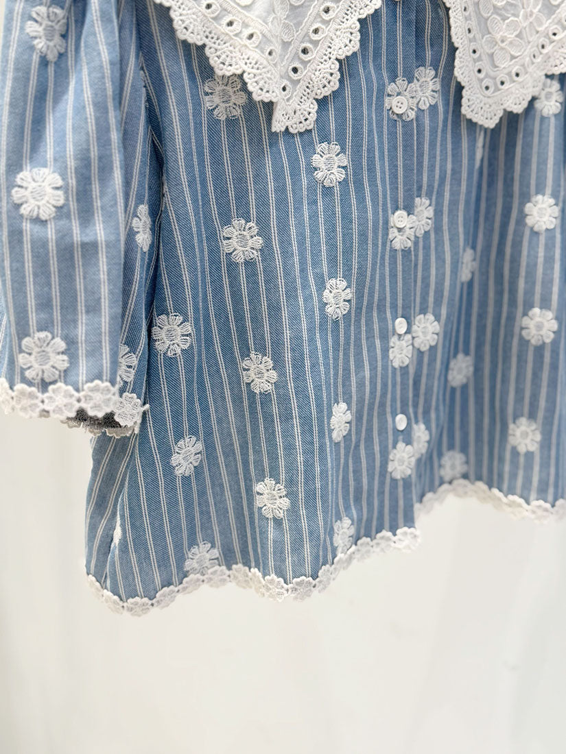 Platter Collar Floral Embroidered Striped Blouse
