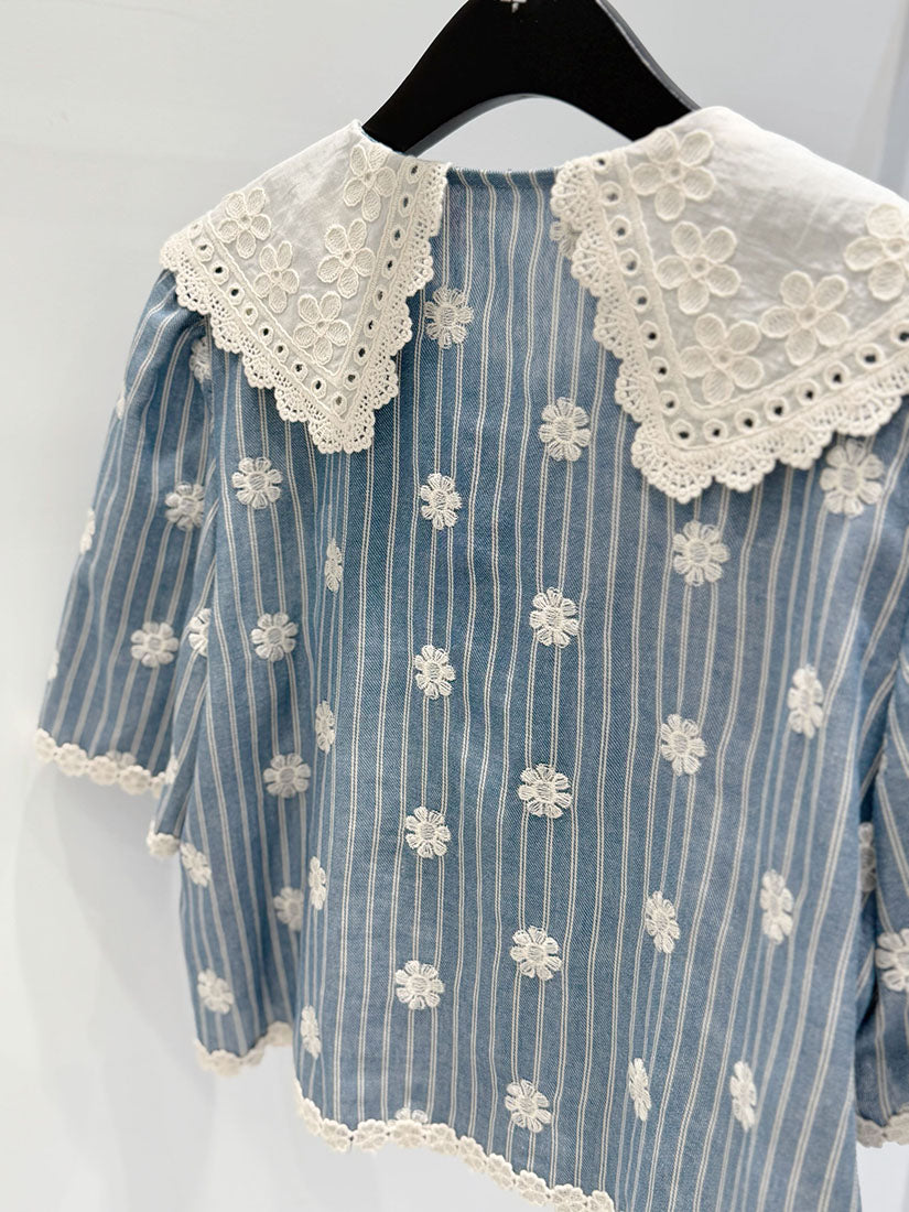 Platter Collar Floral Embroidered Striped Blouse