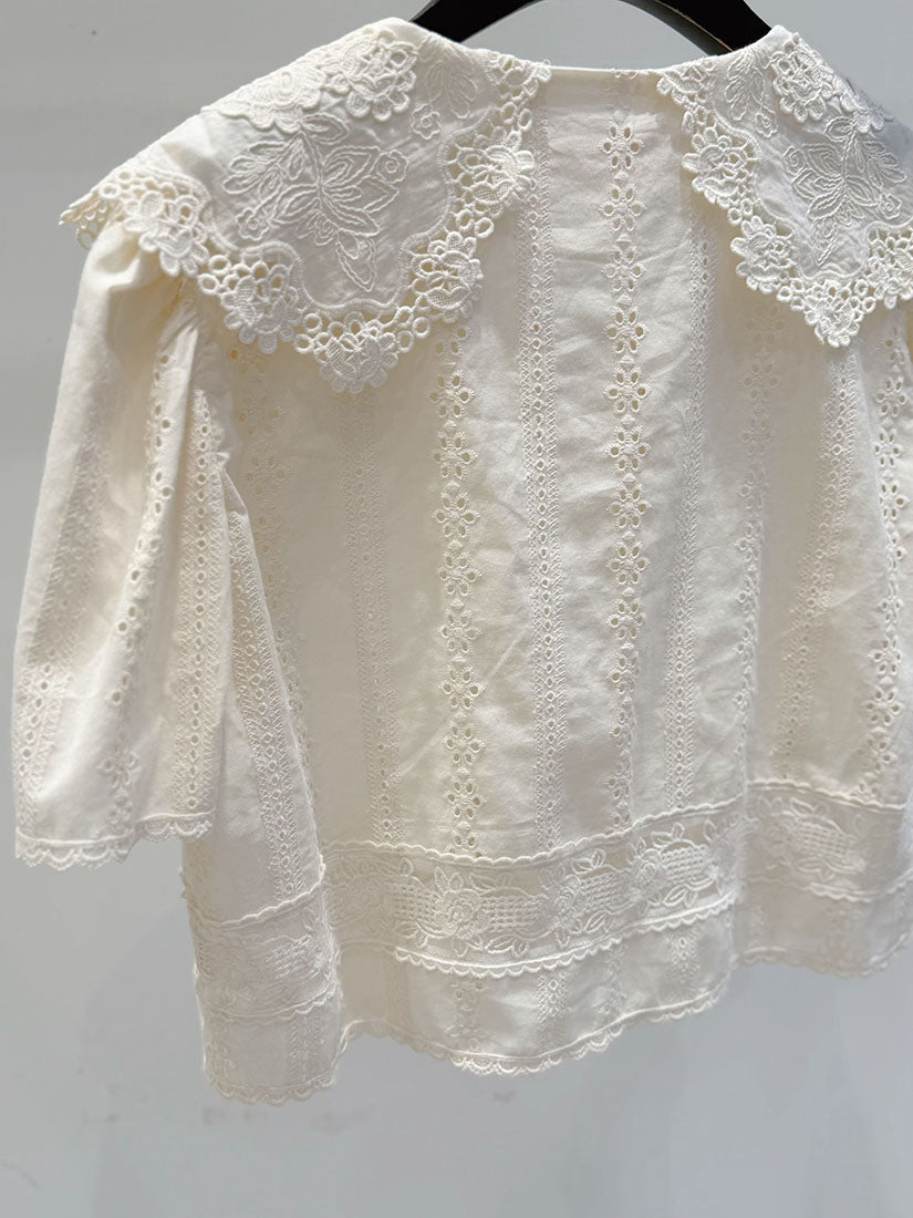 Platter Collar Floral Embroidered Perforated Blouse
