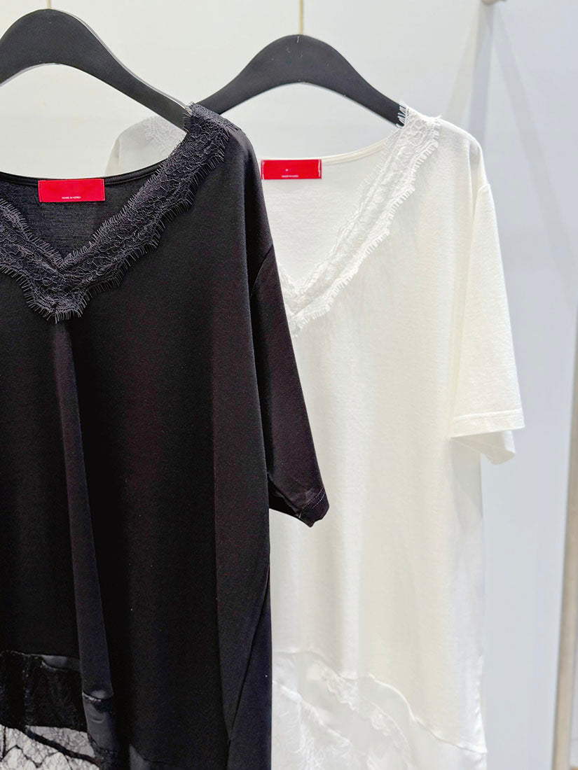 Asymmetric Hem Lace Trim V Neck Top (2 Colours)