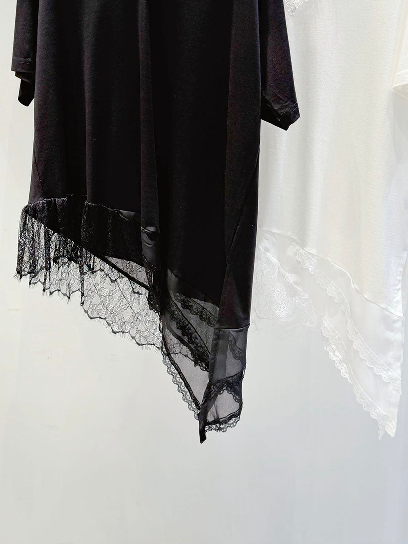 Asymmetric Hem Lace Trim V Neck Top (2 Colours)