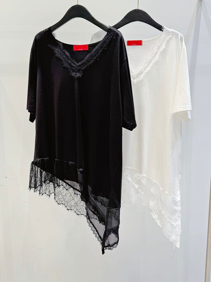 Asymmetric Hem Lace Trim V Neck Top (2 Colours)