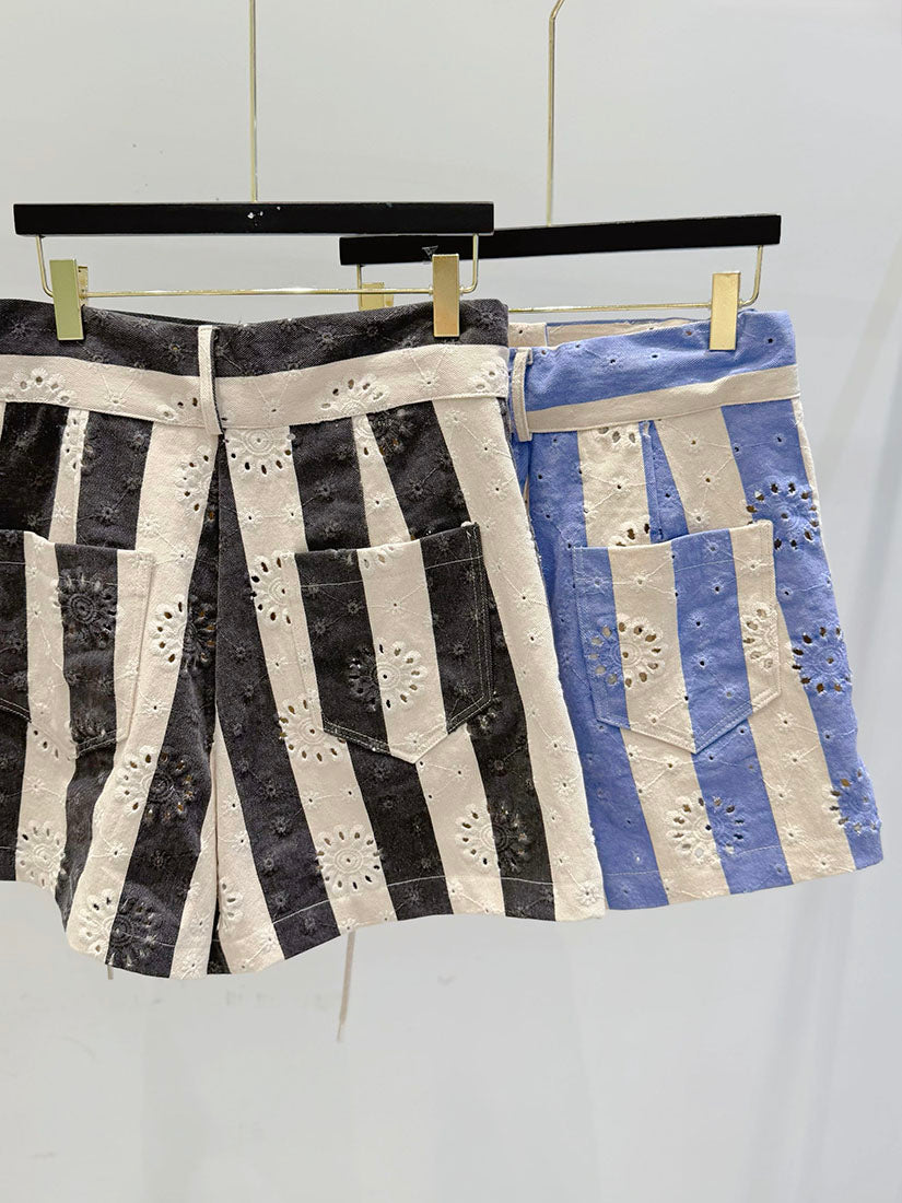 Bold Striped Floral Perforated Shorts (2 Colours)