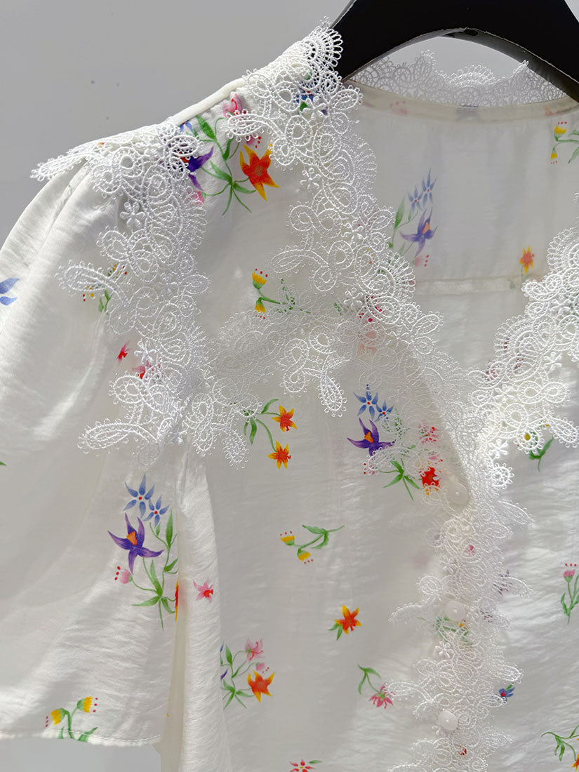 Lace Trim Floral V Neck Button Up Blouse