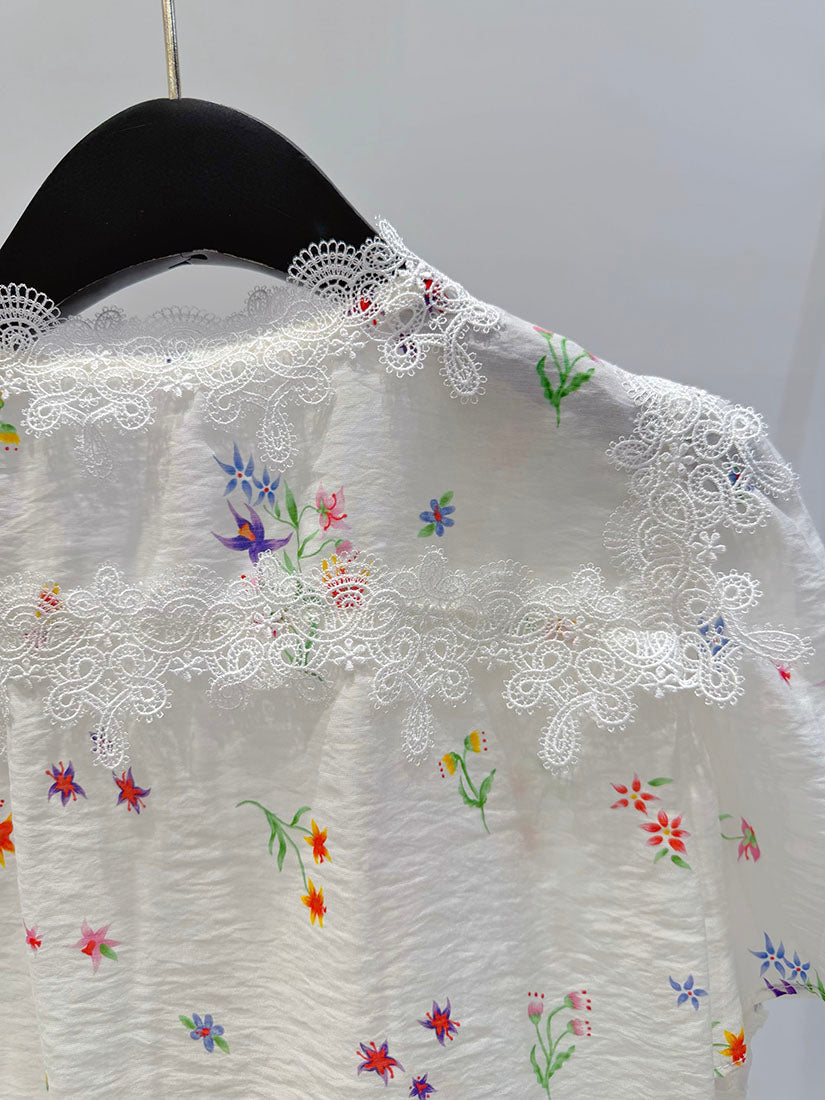 Lace Trim Floral V Neck Button Up Blouse