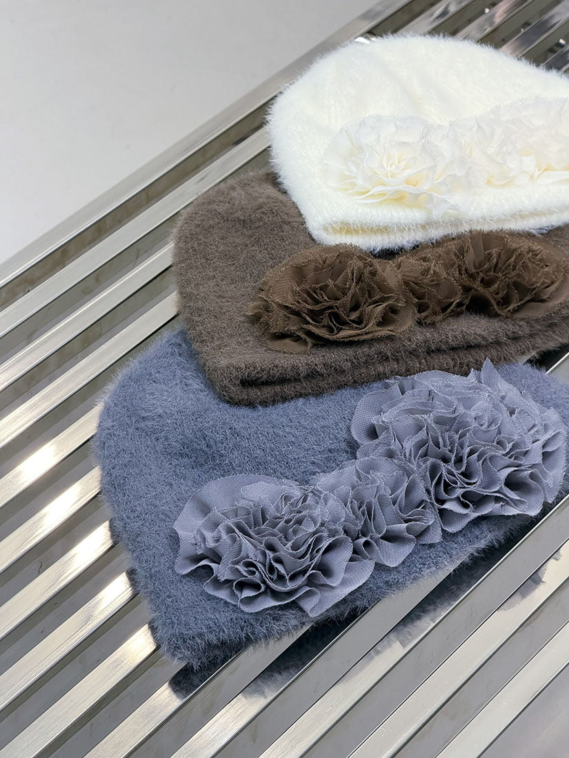 Floral Applique Fluffy Beanie (3 Colours)