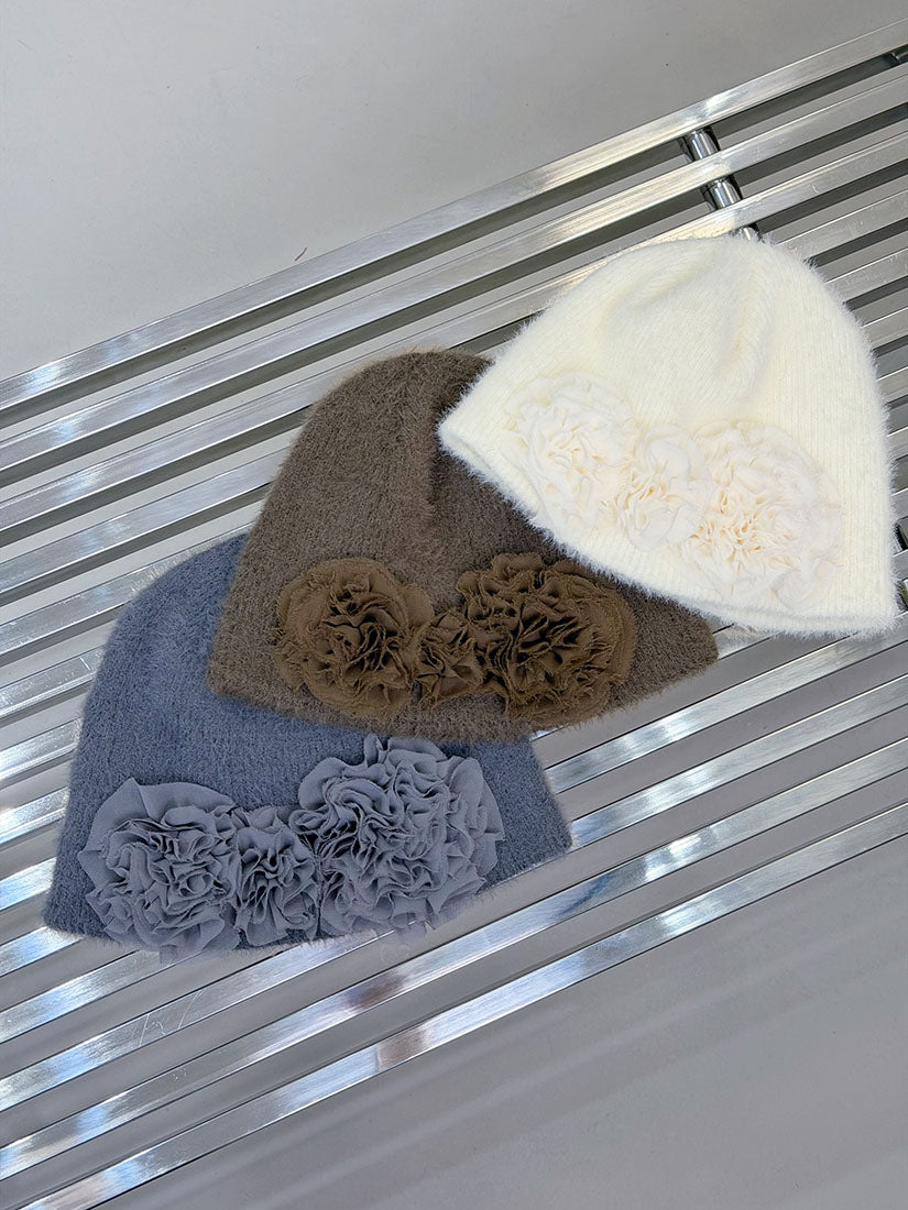 Floral Applique Fluffy Beanie (3 Colours)