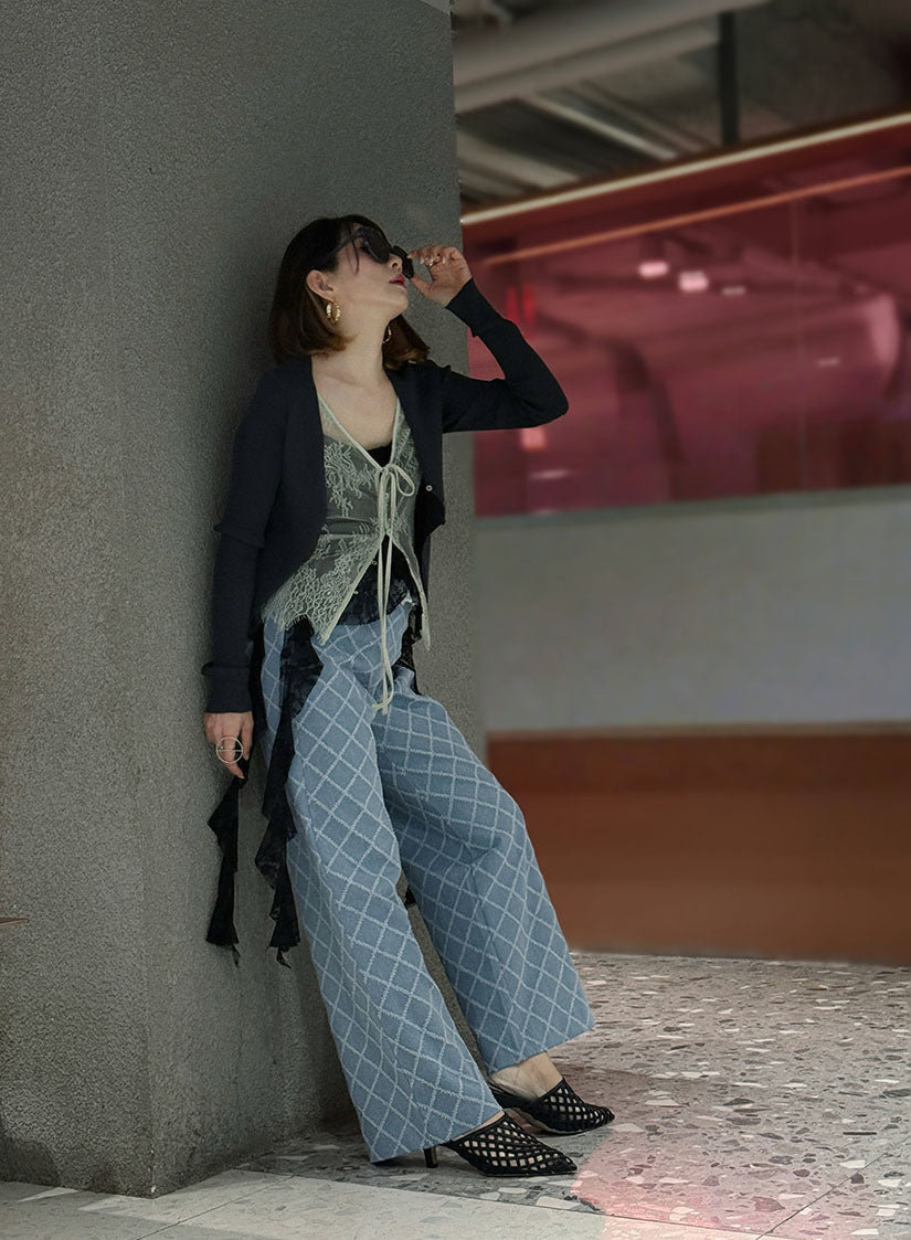 Lace Trim Tuck Check Denim Pants