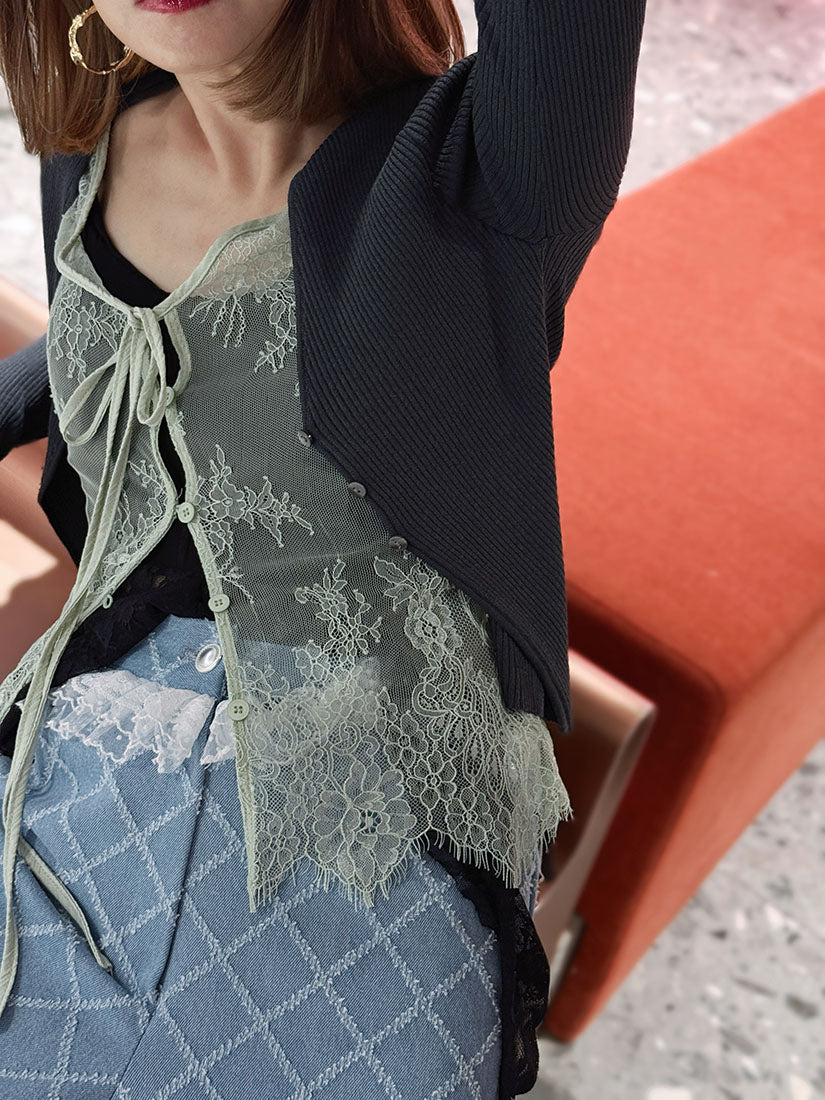 Lace Trim Tuck Check Denim Pants