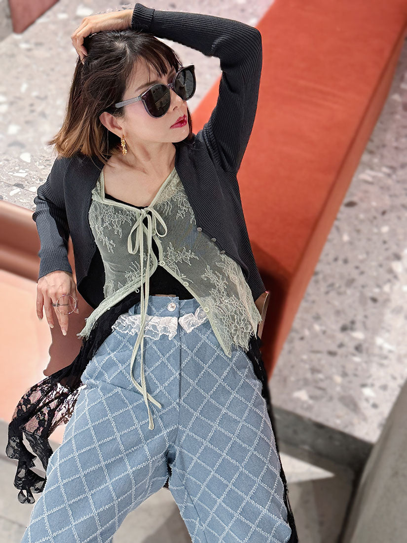 Lace Trim Tuck Check Denim Pants
