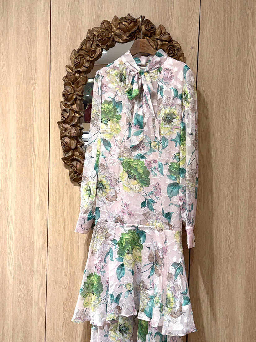 Layered Ruffle Hem Texture Floral Printed Dress