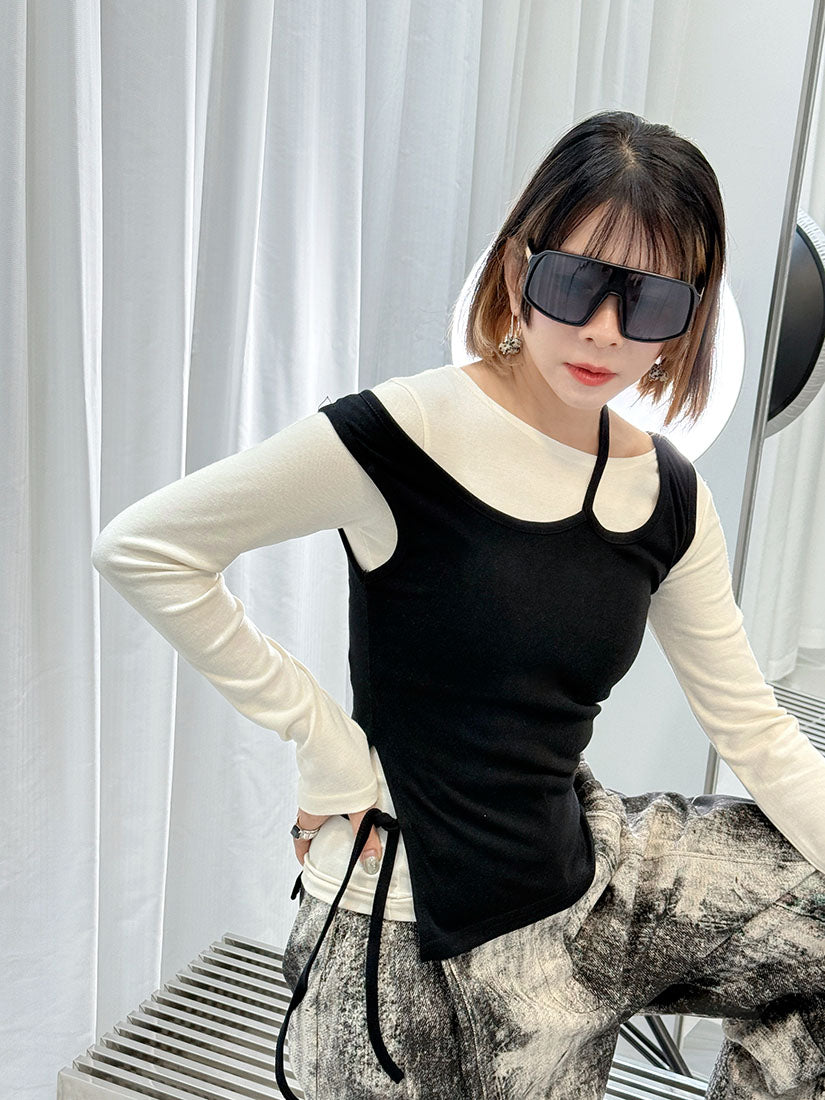 Cut Out Tank Top With Long Sleeve Top Set (2 Colours)