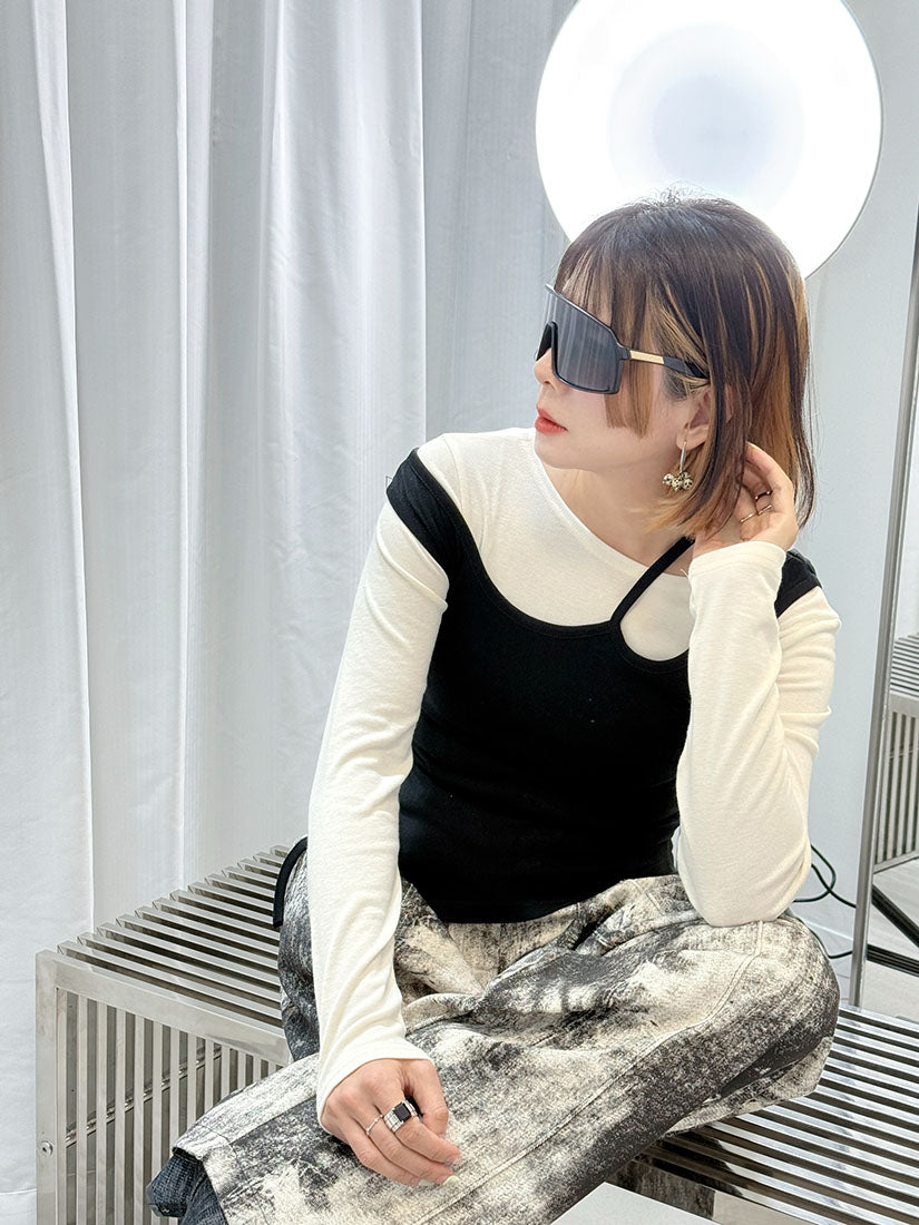 Cut Out Tank Top With Long Sleeve Top Set (2 Colours)