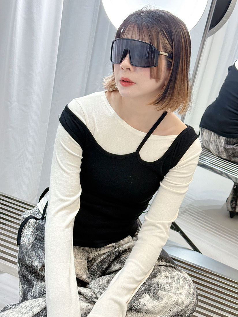 Cut Out Tank Top With Long Sleeve Top Set (2 Colours)