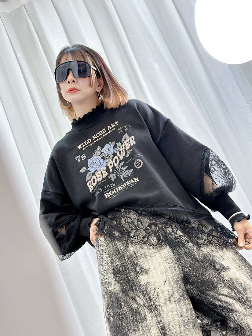 Lace Trim 'Rose Power' Sweatshirt (2 Colours)