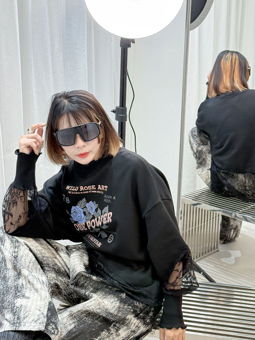 Lace Trim 'Rose Power' Sweatshirt (2 Colours)