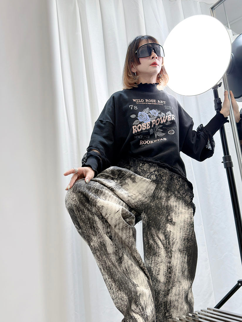 Lace Trim 'Rose Power' Sweatshirt (2 Colours)