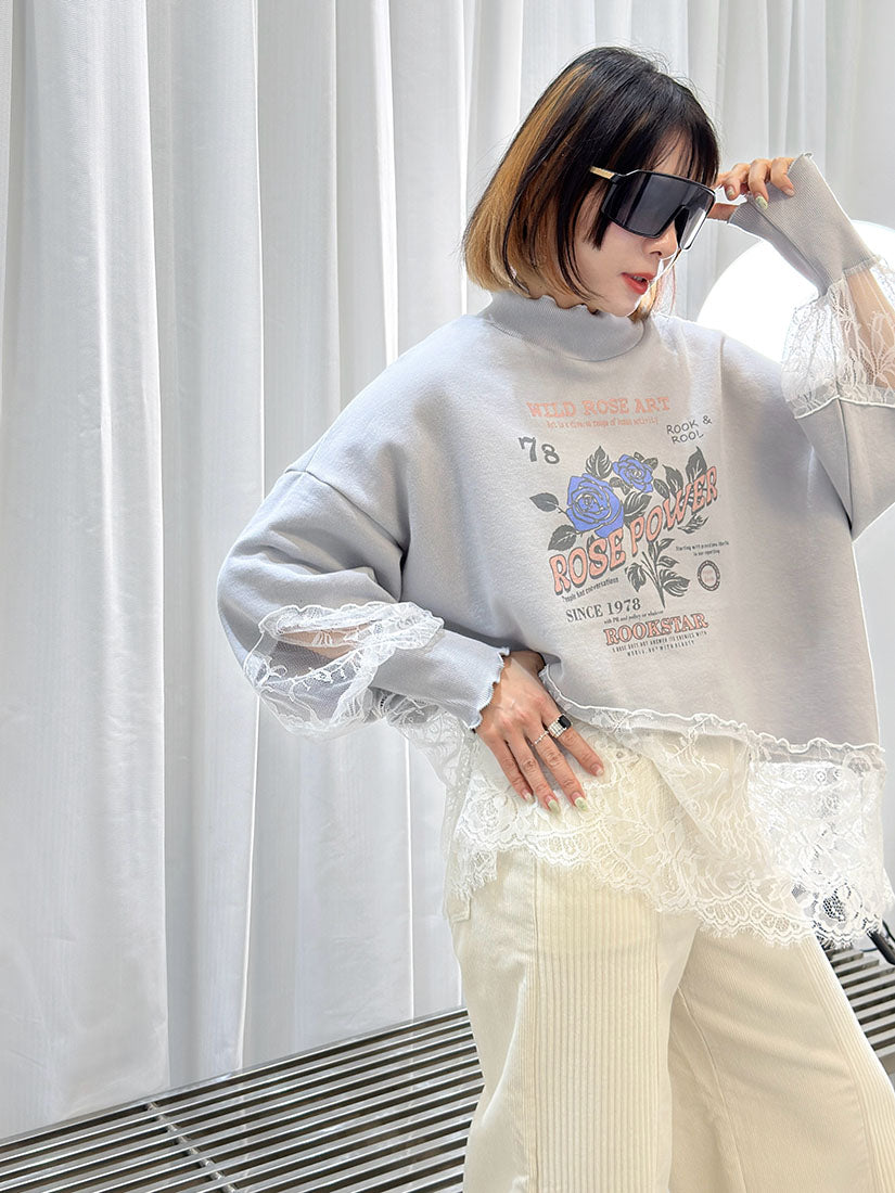 Lace Trim 'Rose Power' Sweatshirt (2 Colours)
