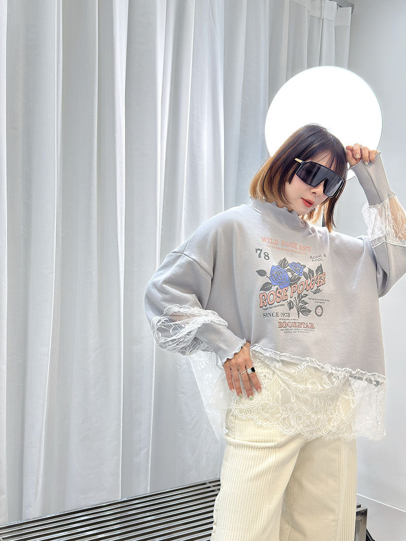 Lace Trim 'Rose Power' Sweatshirt (2 Colours)