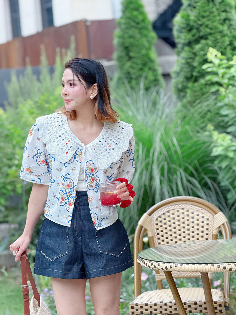 Crochet Lace Collar Floral Perforated Shirt