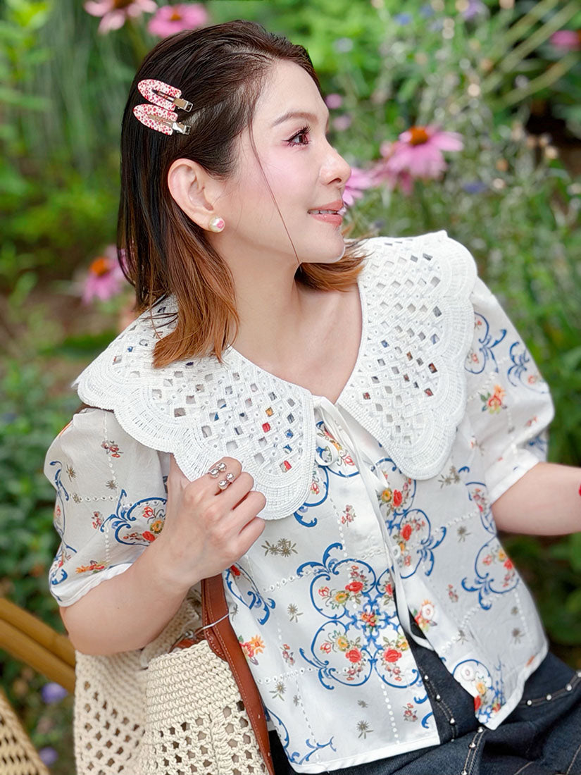 Crochet Lace Collar Floral Perforated Shirt