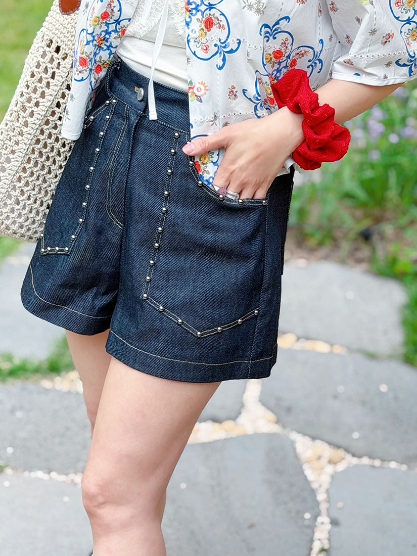 Material Bead Stud Denim Shorts (2 Colours)
