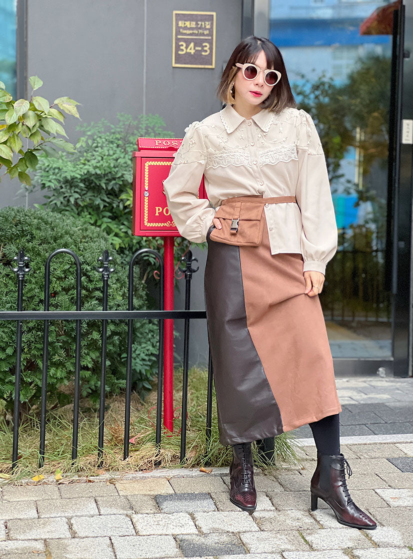 Suede Leather Panel Skirt (2 Colours)