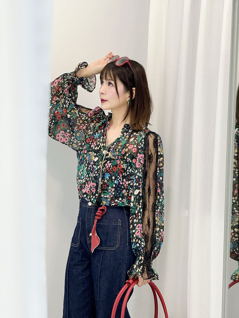 Lace Trim Floral Printed Chiffon Blouse