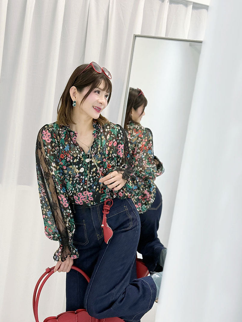 Lace Trim Floral Printed Chiffon Blouse