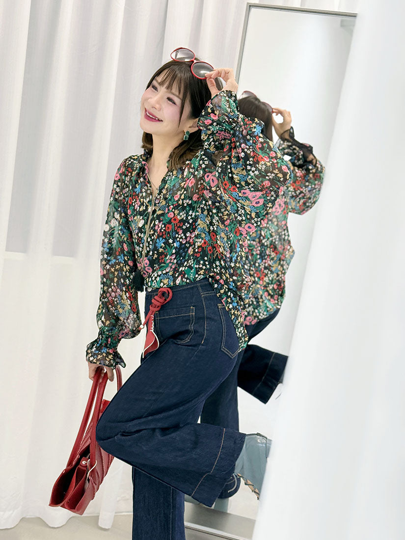 Lace Trim Floral Printed Chiffon Blouse