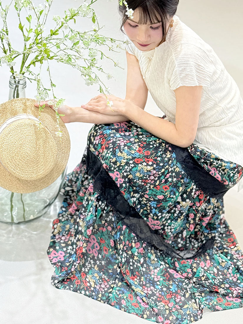 Lace Trim Floral Printed Chiffon Tiered Skirt