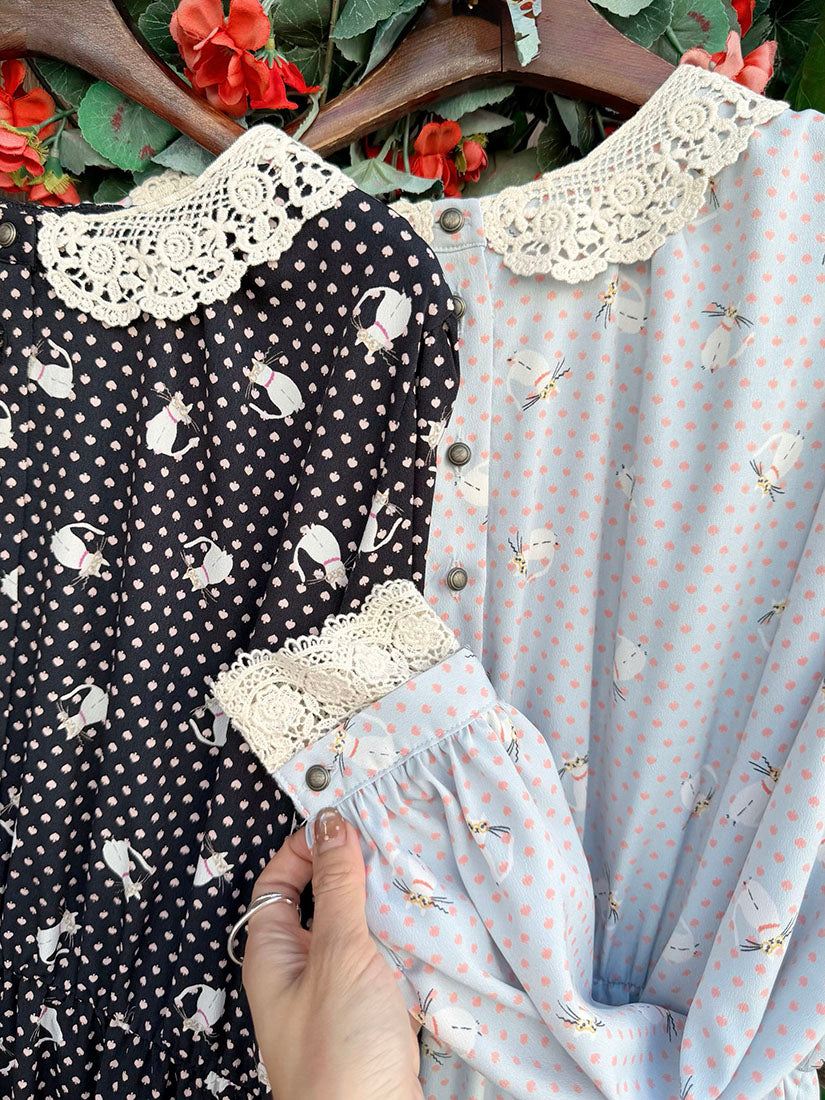 Polka Dot With Cat Printed Dress (3 Colours)