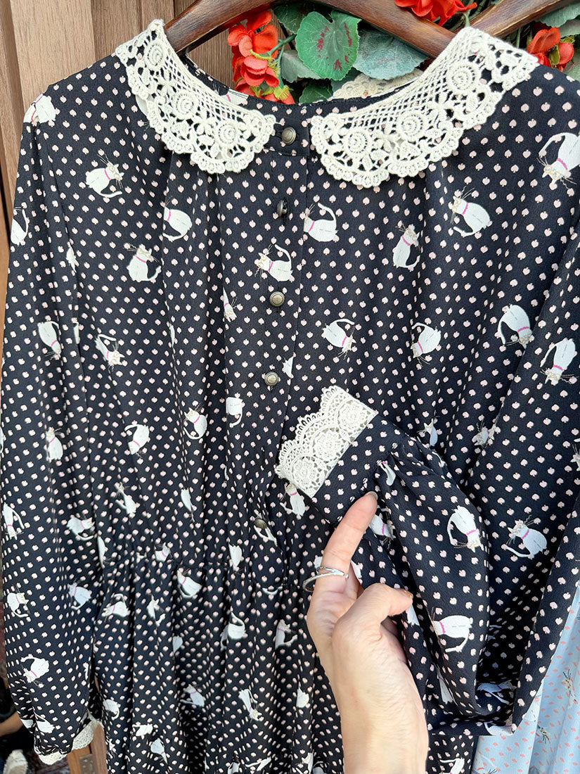 Polka Dot With Cat Printed Dress (3 Colours)