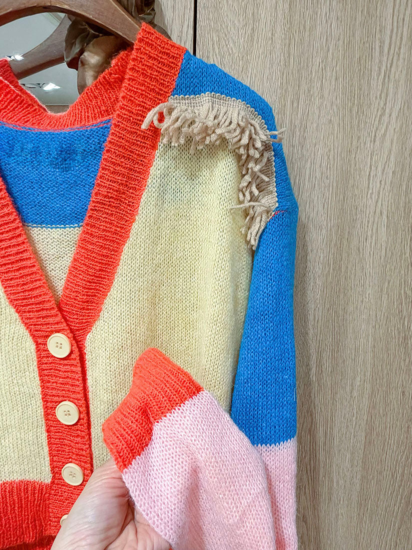 Tassel Colours blocking Cardigan(2 Colours)