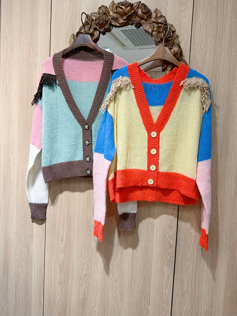 Tassel Colours blocking Cardigan(2 Colours)