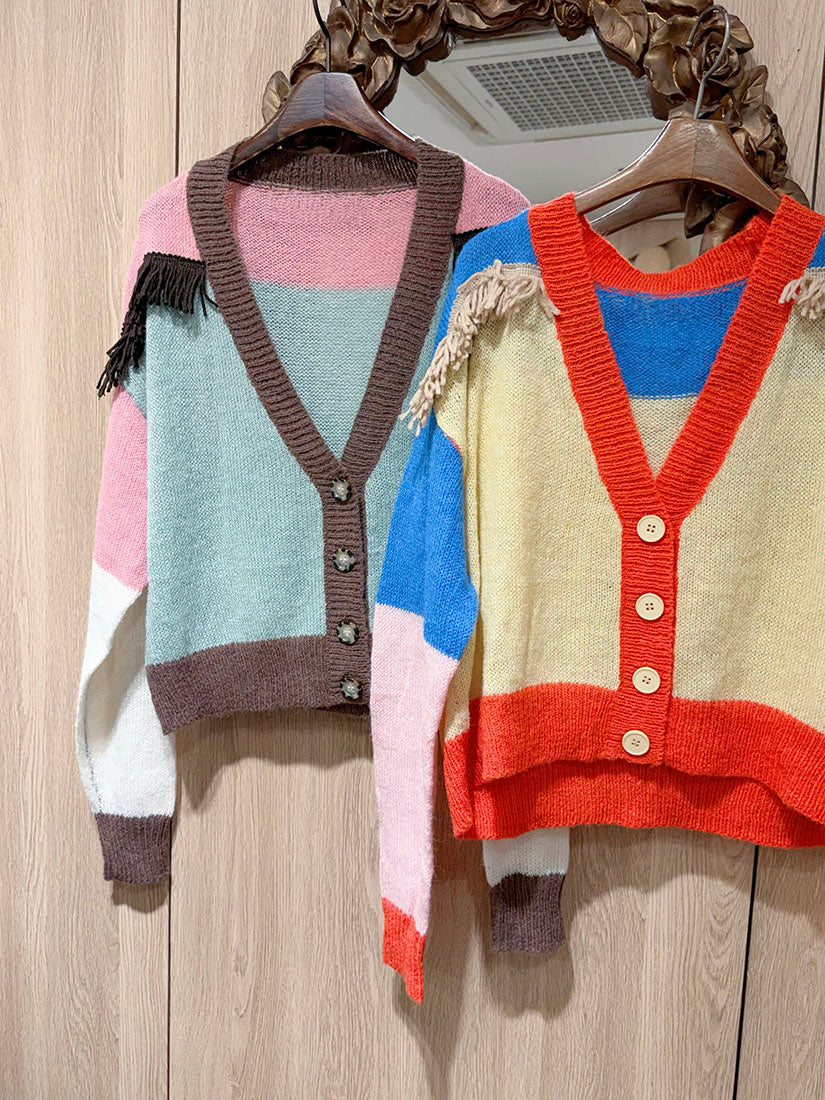 Tassel Colours blocking Cardigan(2 Colours)