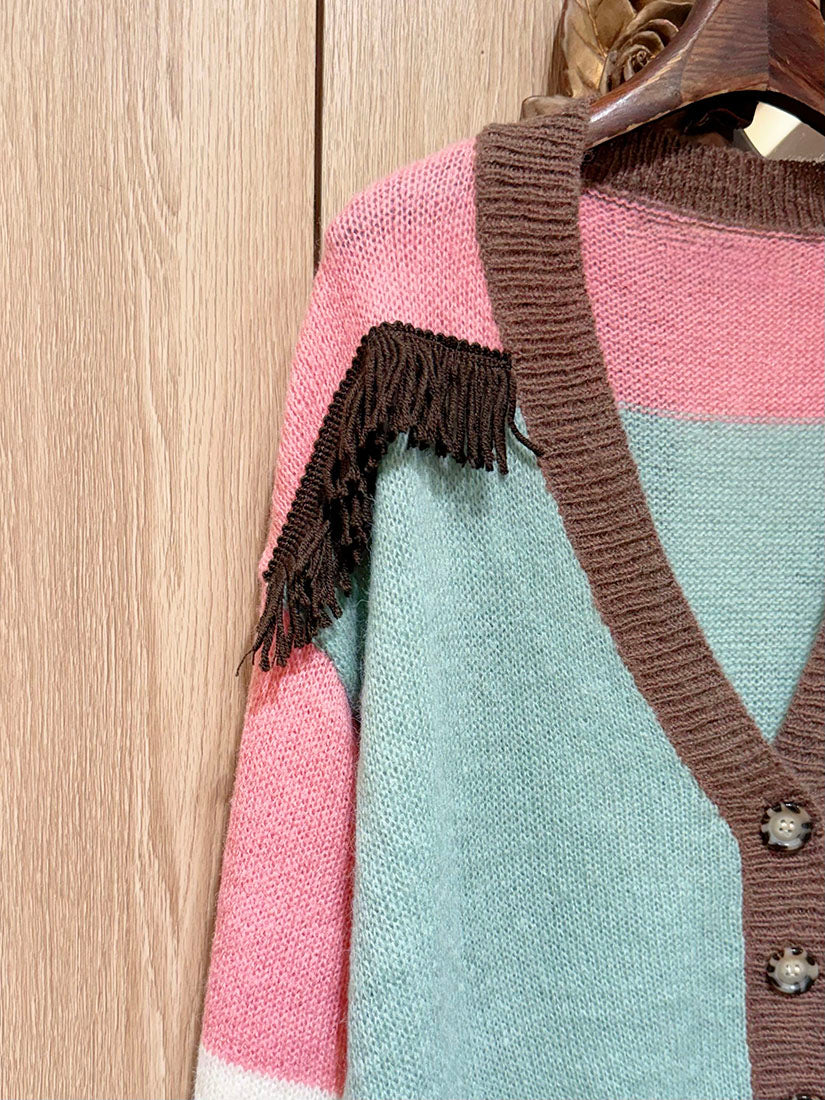 Tassel Colours blocking Cardigan(2 Colours)