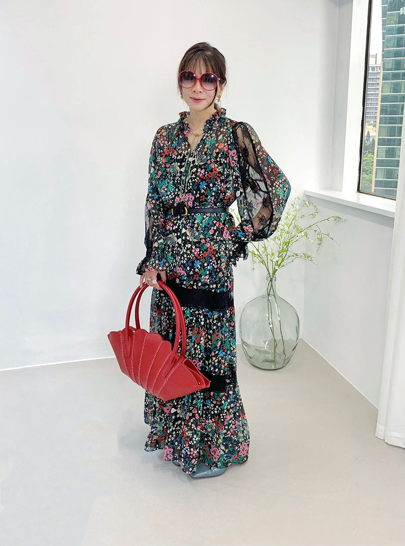 Lace Trim Floral Printed Chiffon Tiered Skirt