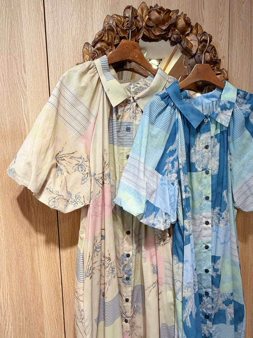 Floral Striped Balloon Sleeve Dress(2 Colours)
