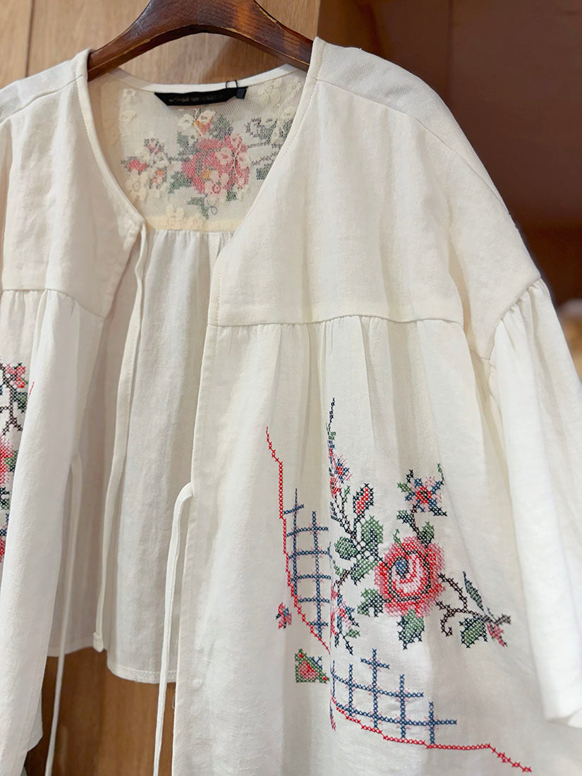 Cross Stitch Embroidered Tie Front Jacket(3 Colours)
