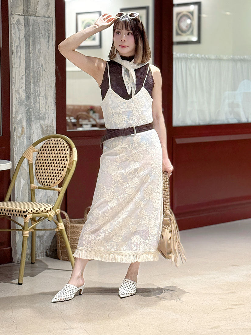 Tassel Hem Lace Camisole Dress With Scarf