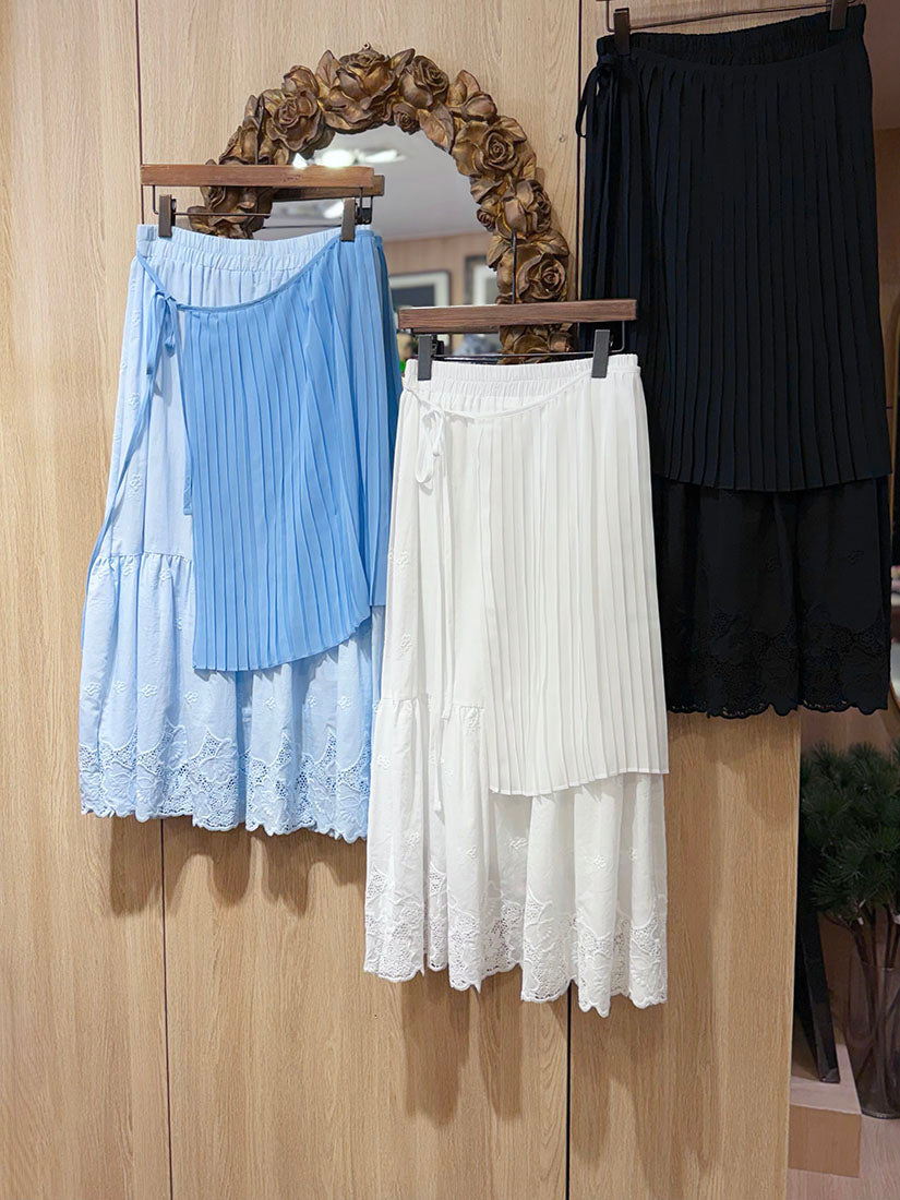 Embroidered Lace Hem Skirt With Pleated Waist Scarf(3 Colours)