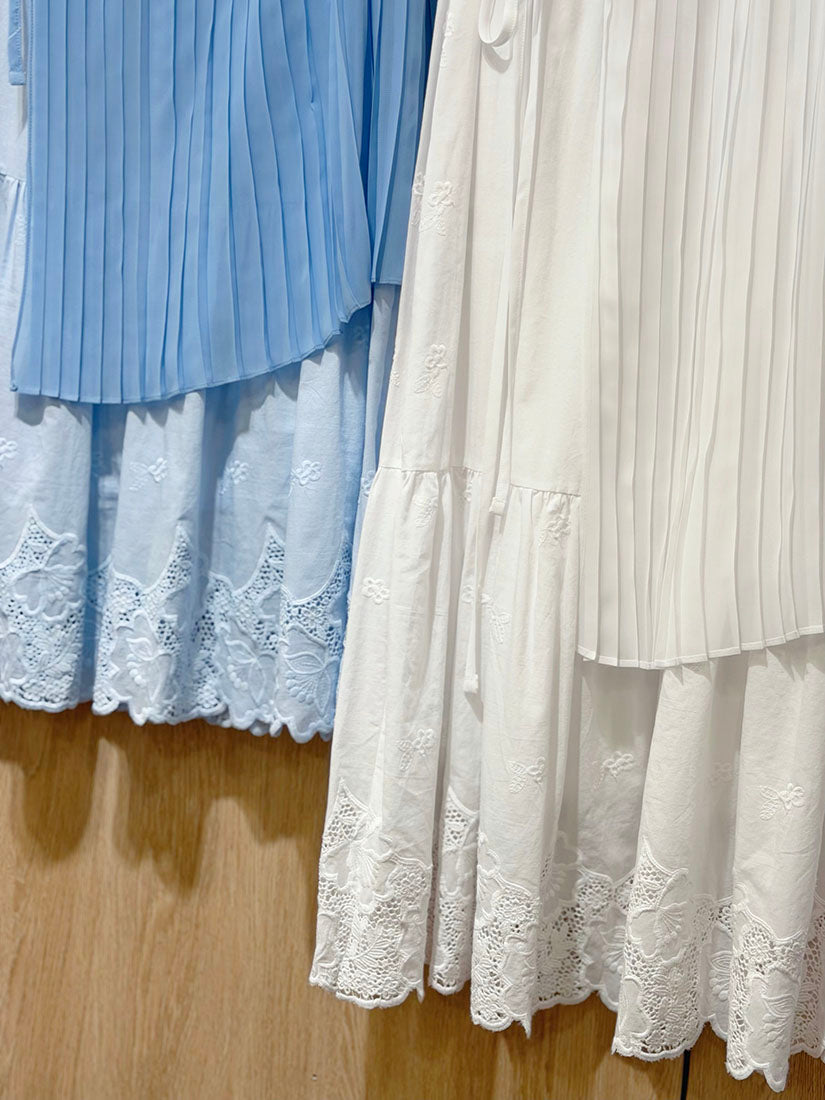 Embroidered Lace Hem Skirt With Pleated Waist Scarf(3 Colours)