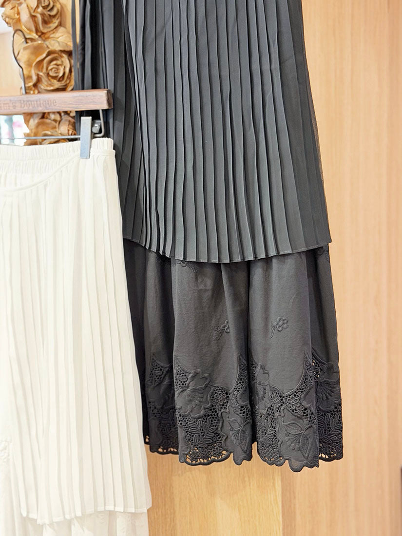 Embroidered Lace Hem Skirt With Pleated Waist Scarf(3 Colours)