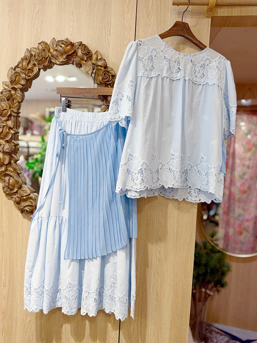 Embroidered Lace Hem Skirt With Pleated Waist Scarf(3 Colours)