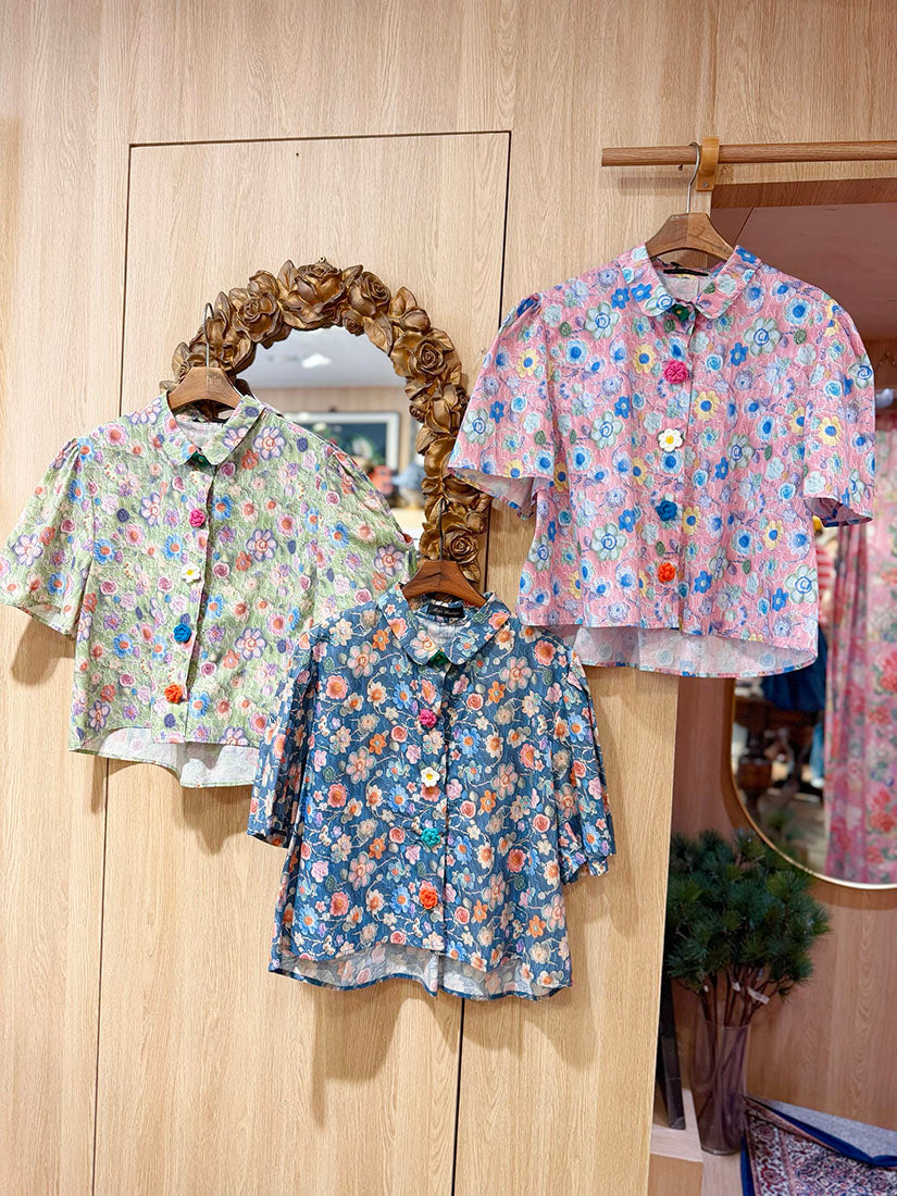 Crochet Floral Printed Blouse(3 Colours)