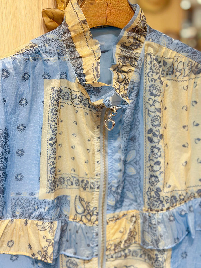 Scarf Printed Drawstring Hem Zip Up Vest Jacket
